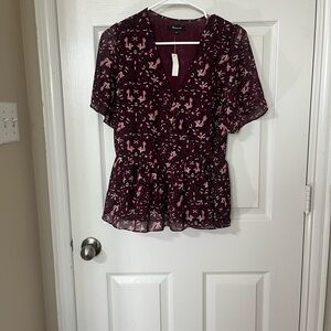 Madewell Burgundy Floral V-Neck Short Sleeve Peplum Blouse